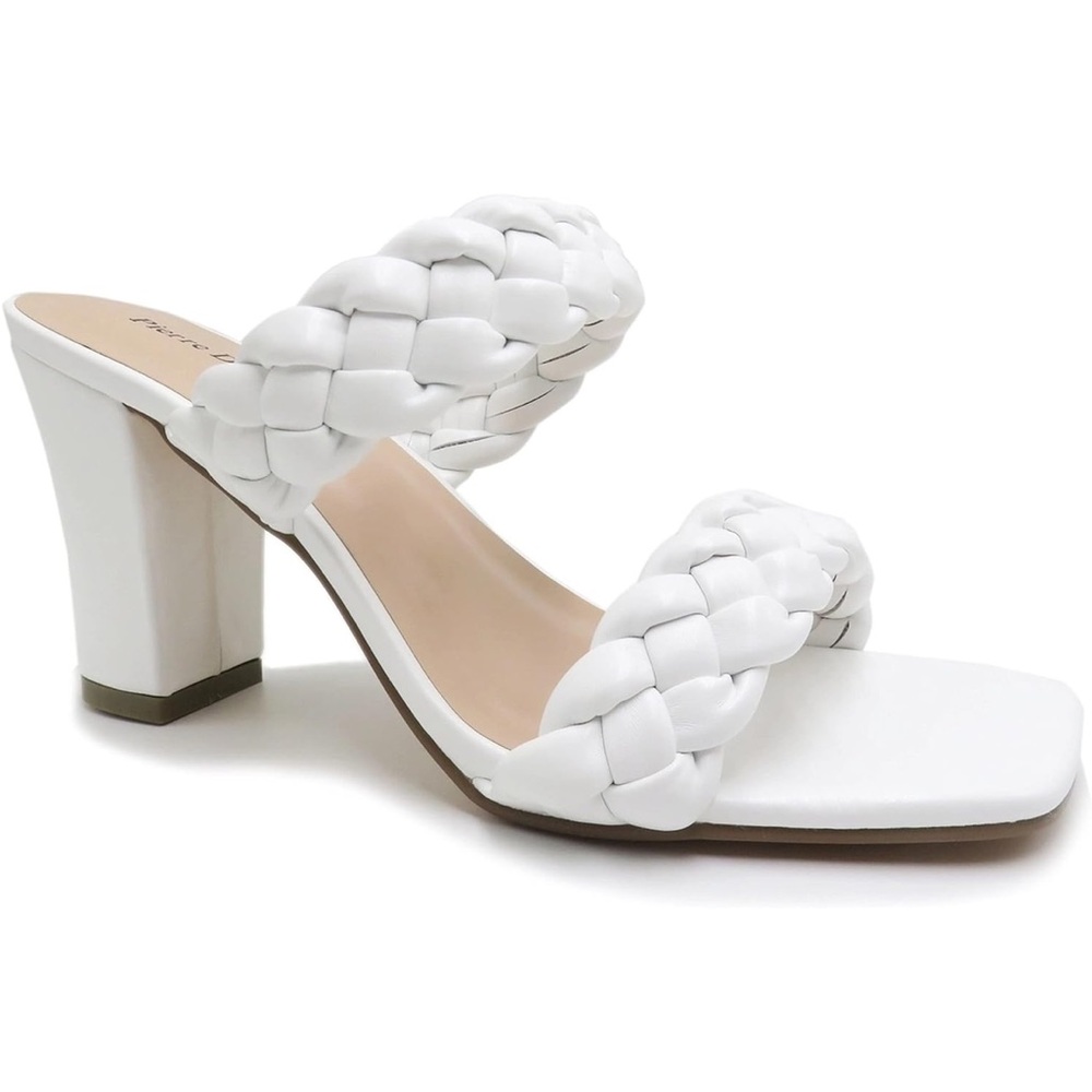 Pierre Dumas White Braided Strappy Open Square Toe Slide Block Heeled Sandal